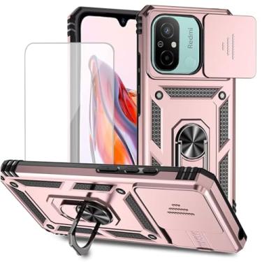 Imagem de Yodueiv Capa para Redmi 12C/Poco C55/Redmi 11A com protetor de tela de vidro temperado e capa de câmera deslizante, anel magnético suporte para carro capa protetora para Xiaomi Redmi 12C ouro rosa