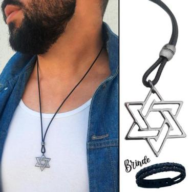 Imagem de Colar de Couro Ajustável Tradicional Estrela de Davi Grafite - GRANADO