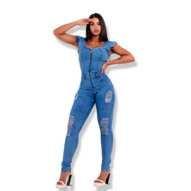 Imagem de Macacão  longo feminino jeans com lycra  tipo skinny  em lavagem clara