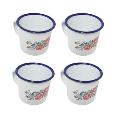 Imagem de Kit 4 canecas café esmaltada branca 150ml retrô - YAZI