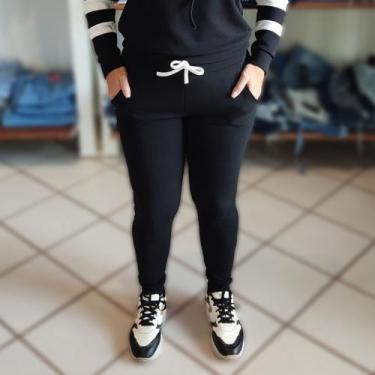 Imagem de Calça Moletom Feminino Inverno Frio Tecido Malha Crepe Preta M G e GG 