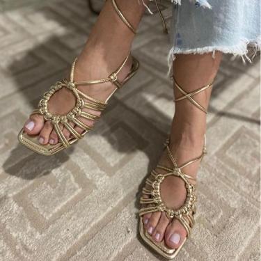 Imagem de Sandalia Rasteira Feminina Com Tiras Amarração - 4lilly, Dourado, 38