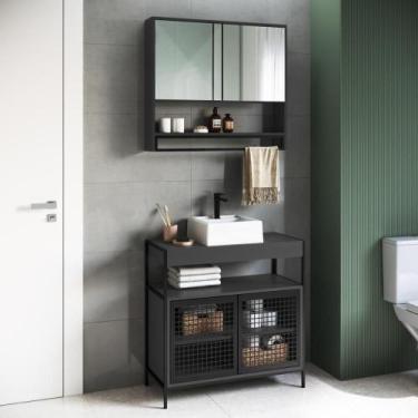 Imagem de Gabinete Banheiro 80cm 2 Portas Metal com Cuba e Espelheira - Placa e 