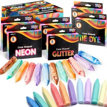 Imagem de JOYIN Conjunto de 36 gizes laváveis para calçada em 6 pacotes, 18 cores, incluindo 12 tingidos, 12 gizes de glitter e 12 gizes neon para uso ao ar livre para pintura, desenho, presentes para crianças