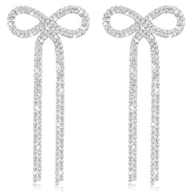 Imagem de Nanafast Brincos de laço de strass, brincos longos pendurados com pingente de borla para mulheres, meninas, casamentos, noivas, festas, bailes, presentes para aniversário, dia das mães, Natal, Zinco,