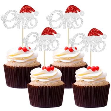 Imagem de 24 peças de enfeite de cupcake de Natal com glitter, chapéu de Papai Noel, decoração de bolo de primeiro aniversário para tema de Natal, chá de bebê, crianças, suprimentos de festa de 1º aniversário,