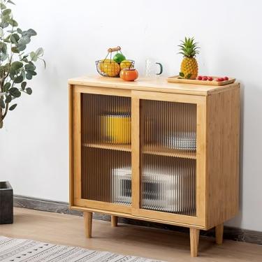 Imagem de briteman Aparador de cozinha de bambu com ganchos, grande despensa de armário de armazenamento com 4 portas de vidro temperado, prateleira de micro-ondas, buffet de armazenamento independente para