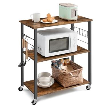 Imagem de VASAGLE Prateleira de cozinha com rodas, carrinho de servir com 3 prateleiras, carrinho de cozinha, prateleira de micro-ondas, para mini forno, torradeira, com 6 ganchos, estilo industrial, marrom