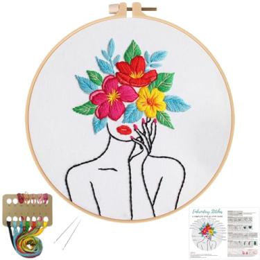 Imagem de Louise Maelys Kits de bordado floral para iniciantes, kit de ponto cruz com padrão de flores femininas para adultos, incluindo argola, instruções e linhas