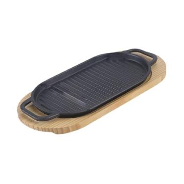 Imagem de Esquirla Prato de bife de ferro escaldante, prato gratinado com base de madeira, chapa antiaderente, prato para fritar, bife, prato de servir para cozinha,