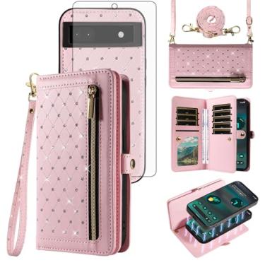 Imagem de Asuwish Capa de celular para Google Pixel 6A 5G 2022 com zíper carteira magnética destacável com protetor de tela de vidro temperado, alça transversal, flip brilhante, suporte para cartão de crédito