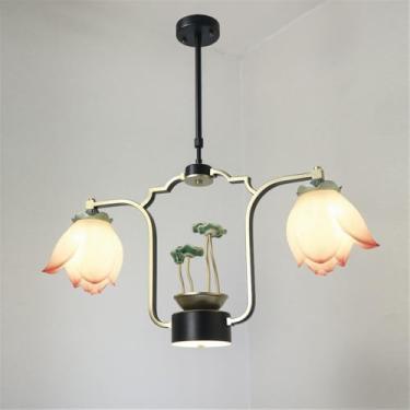 Imagem de OUFULA Luminária pendente de lótus contemporânea chinesa retrô criatividade sala de estar restaurante quarto villa hotel balcão decoração led lustre (C 2 lights)