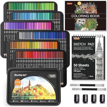 Imagem de Lápis de cor profissional Shuttle Art com 174 cores, conjunto de lápis de colorir de núcleo macio com 1 livro de colorir, 1 bloco de esboço, 4 apontadores, 2 extensores de lápis, perfeito para
