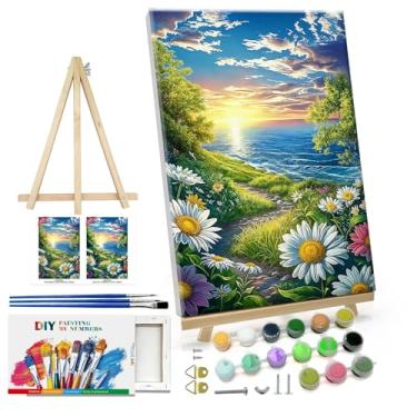 Imagem de ATDMS Kit de pintura por números para adultos com moldura pintura de paisagem por número com cavalete flores kits de pintura por números em tela emoldurada à beira-mar pôr do sol por números para
