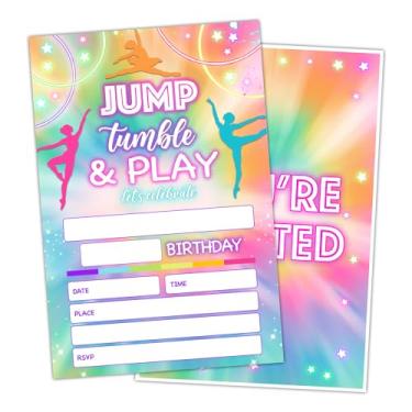 Imagem de ltazhyi Cartão de convite de festa de aniversário de ginástica para crianças, convite de aniversário neon tie dye para meninas, conjunto de 20 cartões e 20 envelopes, artigos de festa de celebração
