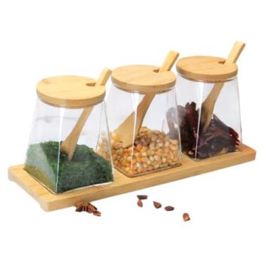 Imagem de Kit 3 Potes de Vidro Bambu Com Colher Porta Condimentos  - Bruartt