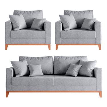 Imagem de Kit Sofá 2 Lugares E 2 Poltronas Beny Com Base De Madeira Linho Cinza