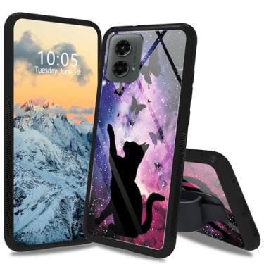 Imagem de Dikoer Capa Purple Star Cat para Moto G Stylus 5G 2024 de 6,7 polegadas com suporte/alça, parte traseira de vidro temperado e quatro cantos, absorção de choque, antiderrapante, listra, capa de TPU