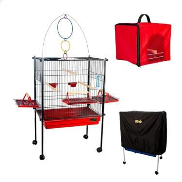 Imagem de Viveiro Pássaro Calopsita Triplex + Bolsa Transporte + Capa Jelplast (Preto/Vermelho)