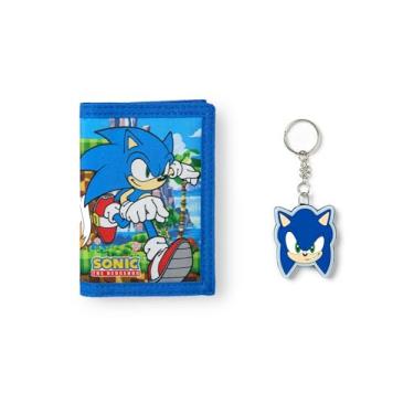 Imagem de Sonic The Hedgehog Carteira para meninos | Carteira azul com três dobras com estampa gráfica Sonic and Tails para crianças | Porta-cartões e dinheiro para crianças com chaveiro Sonic Head | Presente