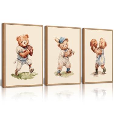 Imagem de Lhoiplme Berçário Urso de pelúcia decoração de parede vintage esportes impressão em tela bebê menino berçário imagens crianças floresta animal urso parede arte beisebol rúgbi basquete pôster para
