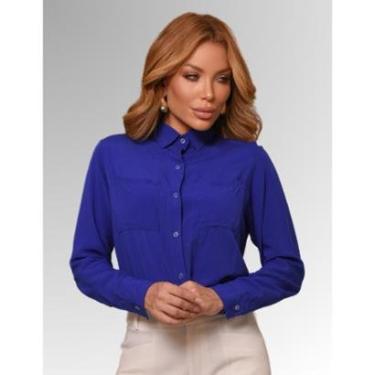 Imagem de Camisa feminina manga longa 2 bolsos camisete de botão leve respiravel não amassa facil-Feminino