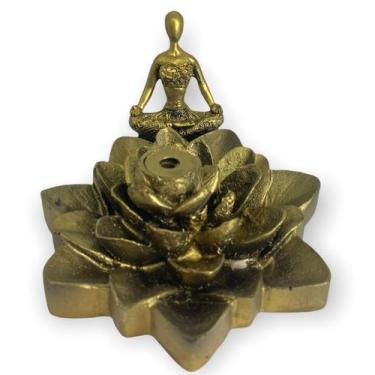 Imagem de Incensário cascata Flor de Lotus pontudo Yoga dourado 7 cm em resina -