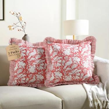 Imagem de Capa de almofada CPC rosa coral 100% algodão com estampa de babados 40,6 x 40,6 cm, fronha floral boho feita à mão, roupa de cama de casa de campo, capa de almofada decorativa macia para decoração de