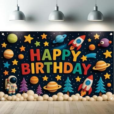 Imagem de Starlit Patio Espaço Feliz Aniversário Pano de Fundo Fotografia Fundo Decoração de Festa para Meninos Meninas Crianças Bebê Universo Planetas Solar Galáxia Astronauta Photo Booth Suprimentos 72 X 110