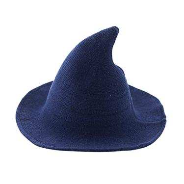 Imagem de Vpogn Chapéus femininos de lã Kinitted de bruxa, para festa de Halloween, baile de máscaras, cosplay, acessório de fantasia e uso diário (azul marinho)
