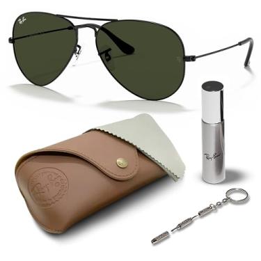 Imagem de Ray-Ban Óculos de sol RB3025 AVIATOR CLASSIC em forma de piloto para homens e mulheres com kit oficial RAYBAN Eyewear, Armação preta polida L2823 58 | Lente verde G-15, 58 mm