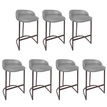 Imagem de Kit 07 Banqueta Betyna Com Encosto Alta Cozinha Bar Balcão Ferro Marrom Linho Cinza - Amey Decor