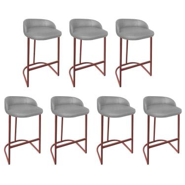 Imagem de Kit 07 Banqueta Betyna Com Encosto Alta Cozinha Bar Balcão Ferro Bronze Linho Cinza - Amey Decor
