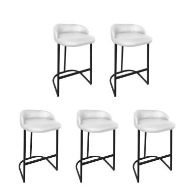 Imagem de Kit 05 Banqueta Betyna Com Encosto Alta Cozinha Bar Balcão Ferro Preto Sintético Branco - Amey Decor