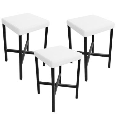 Imagem de Kit 3 Banquetas Baixa Stella L02 Industrial Aço Assento Estofado Preto Plástico Branco Lyam Decor