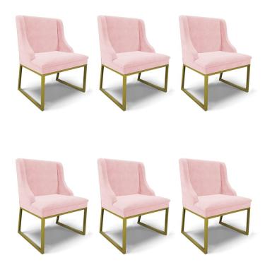 Imagem de Cadeira Sala De Jantar Industrial Dourado Kit 6 Liz Suede Rosa Bebê D03 - D'rossi
