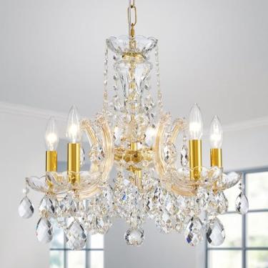 Imagem de ElegLumi Lustres Dourados De 5 Luzes, Design Moderno, Cristal Para Sala Jantar, D22,8'' × A33,5'', Altura Ajustável (27,6"~70,9"), K9 E Moldura Acabamento
