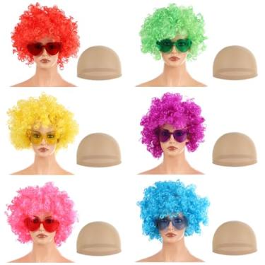 Imagem de OMISTAR 6 Perucas De Palhaço Neon, Cabelo Fofo E Colorido Com Touca Óculos Sol Em Formato Coração, Penteado Afro Curto Cacheado Para Festa À Fantasia, Aplique Diário Feminino