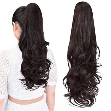 Imagem de ShulaSHOP Extensão De Rabo Cavalo, 22" Extensões Cabelo Com Presilha Garra, Longa E Cacheada, Peruca Sintética Aparência Natural Para Mulheres, Pretas Castanhas