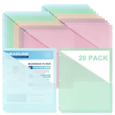 Imagem de Pacote com 20 pastas de plástico transparente para documentos, pastas de plástico com 3 furos, divisórias de fichário com bolsos, pastas para fichário, carregamento lateral, 28 x 22,6 cm, cores