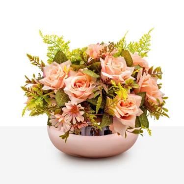 Imagem de Arranjo Rosas Artificial Decoração Vaso Vidro Espelhado Rosê Médio - F