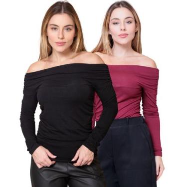 Imagem de Kit 2 Blusas Feminina Ombro a Ombro com Lateral Franzida Manga Longa -