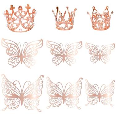 Imagem de Ephlyn Pacote com 9 topos de bolo com coroa mini tiara 3D ouro borboleta decoração vintage pérola strass coroa cupcakes topos para mulheres meninas casamento aniversário chá de bebê suprimentos de