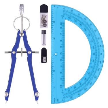 Imagem de Unjoo Conjunto de bússola e transferidor, ferramenta profissional de bússola de desenho, bússola de metal com refis extras, bússola para geometria e transferidores matemáticos de 15 cm 180 graus (azul