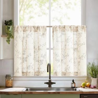 Imagem de jinchan Cortinas de cozinha florais cinza 76 cm, cortinas de linho para casa de fazenda, café, meia janela, cortinas sobre a pia, filtro de luz, cinza em bege, para sala de estar, lavanderia, trailer