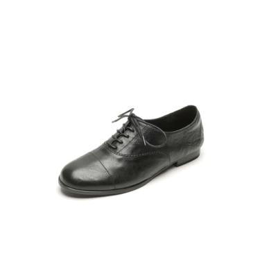 Imagem de TinaCus Sapato de escritório feminino feito à mão, couro legítimo, bico redondo, Derby Oxfords com cadarço, Preto, 33