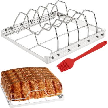 Imagem de Rack de costela de aço inoxidável para fumar e grelhar, comporta 4 suportes de costela para grelhar e churrasco, rack dobrável para churrasco ao ar livre com escova de óleo, rack de defumador para