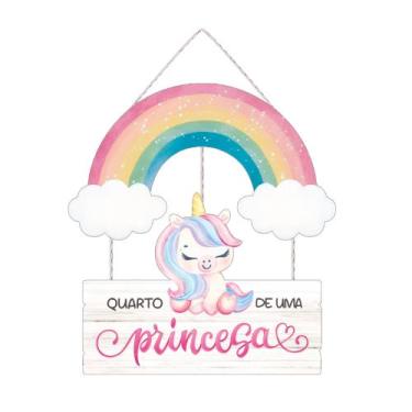 Imagem de Placa Decorativa Quarto Menina Infantil Unicórnio Arco Íris Princesa -