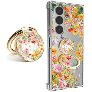 Imagem de Dcwunk Capa para Samsung Galaxy Z Fold 7, transparente com flores, fina, antiamarela, rígida, protetora de policarbonato TPU macio, à prova de choque, linda capa (vitalidade de verão com suporte)