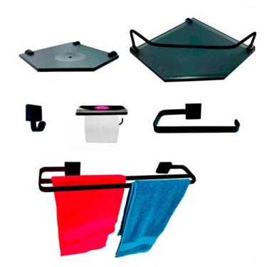 Imagem de Kit Para Banheiro Luxo Premium Preto Sextavado Vidro Fumê - Landi Vend